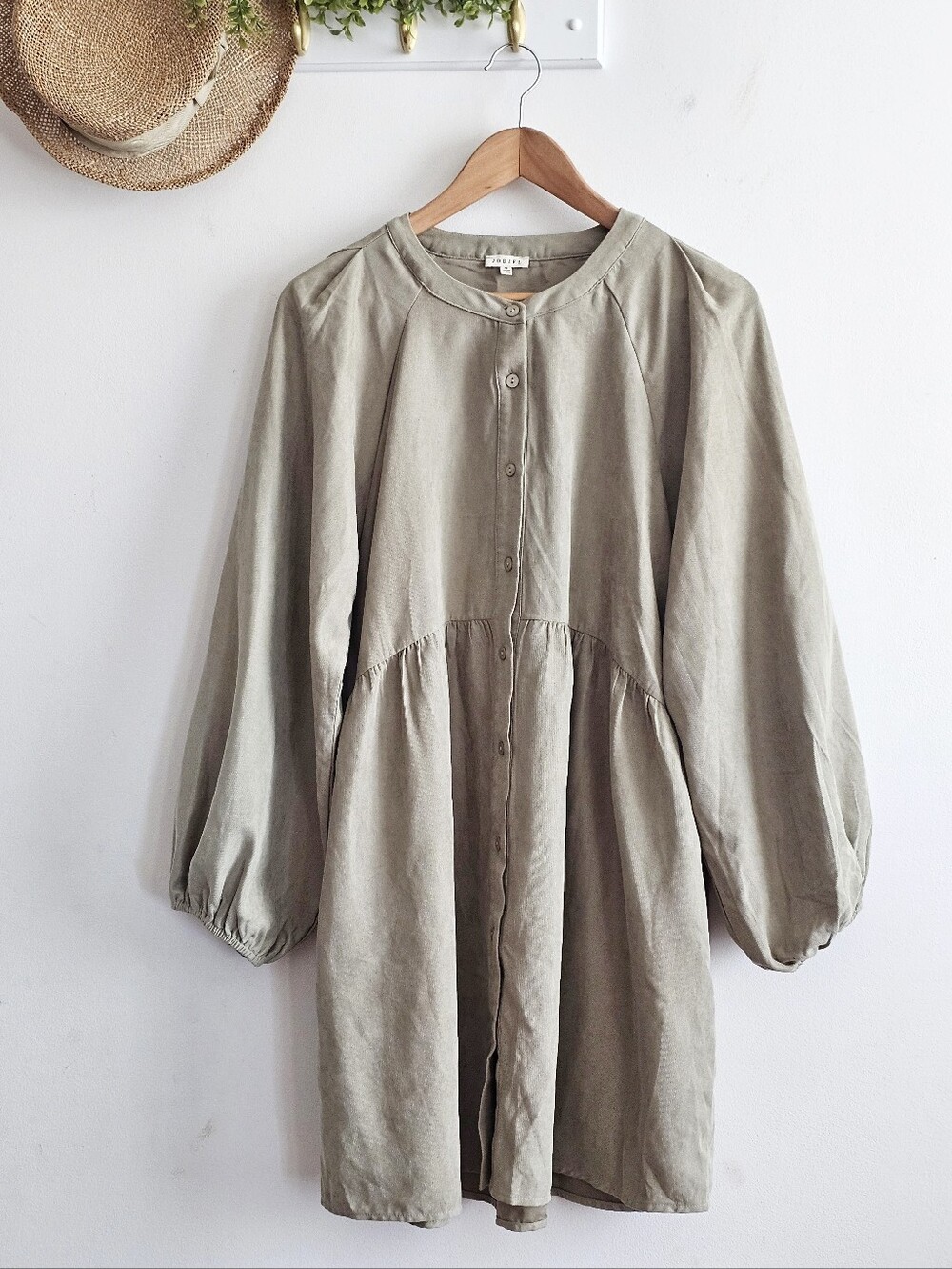 Jodifl Button Front Babydoll Dress Balloon Sleeve Pockets Sage Green M